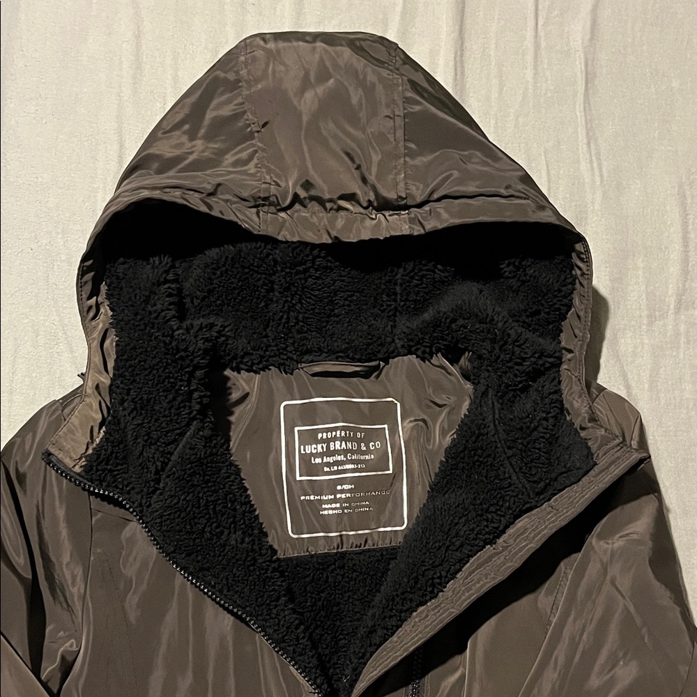 Women’s Lucky Brand Olive Green Hooded Mid Thigh Length Rain Jacket